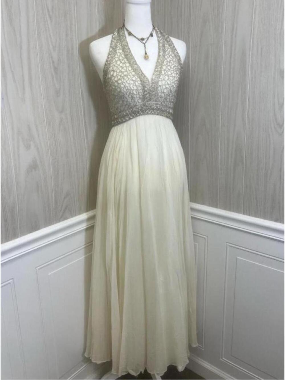 Vintage mid-century 1960's Mike Benet Grecian-style ivory chiffon halter gown